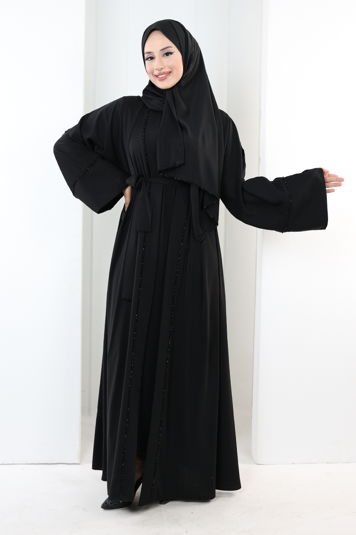 Taş Detaylı Şallı Abaya 7096 Siyah - 2