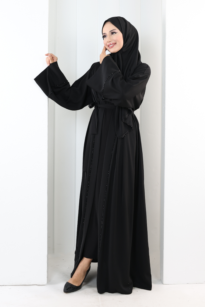 Taş Detaylı Şallı Abaya 7096 Siyah - 3