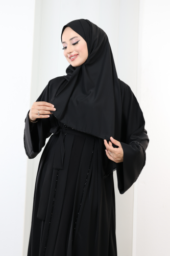 Taş Detaylı Şallı Abaya 7096 Siyah - 5