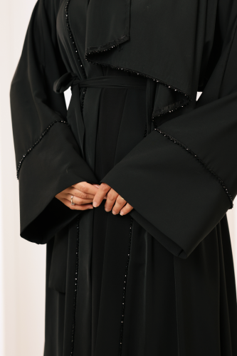Taş Detaylı Şallı Abaya 7096 Siyah - 6