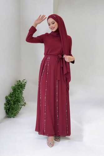 Taş Detaylı Şallı Elbise Takım 3953 Bordo - Bym Fashion