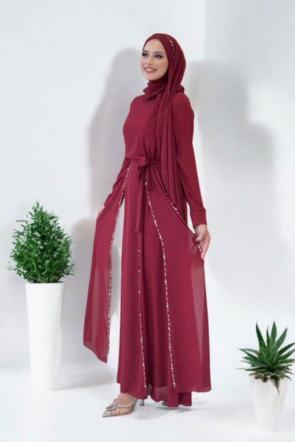 Taş Detaylı Şallı Elbise Takım 3953 Bordo - 3
