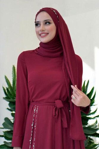 Taş Detaylı Şallı Elbise Takım 3953 Bordo - 4