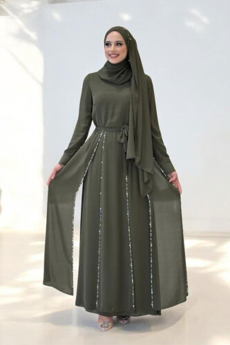 Taş Detaylı Şallı Elbise Takım 3953 Haki - Bym Fashion