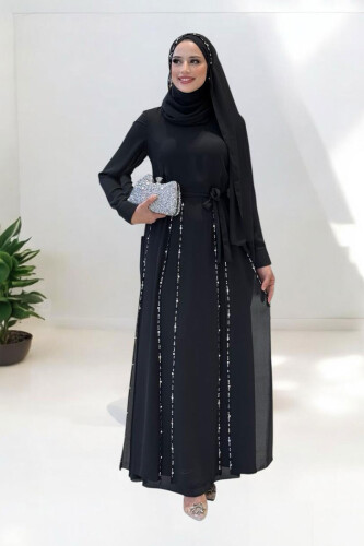 Taş Detaylı Şallı Elbise Takım 3953 Siyah - Bym Fashion