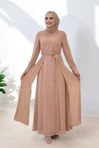 Taş Detaylı Şallı Elbise Takım 3953 Vizon - Bym Fashion