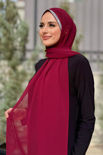 Taş Detaylı Şifon Şal 2026 Bordo - 3