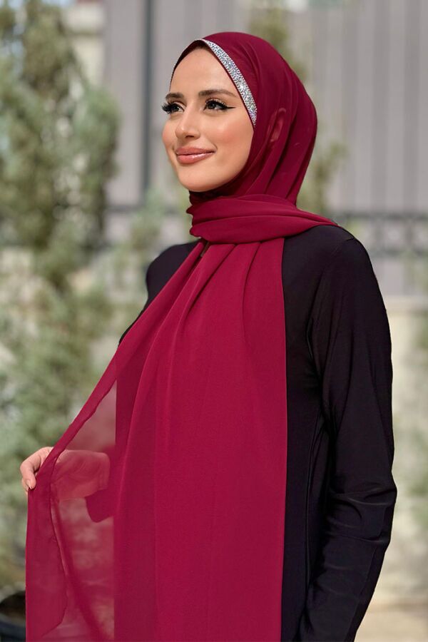 Taş Detaylı Şifon Şal 2026 Bordo - 3