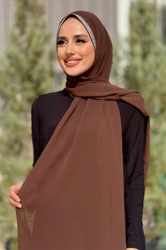 Taş Detaylı Şifon Şal 2026 Kahverengi - 3