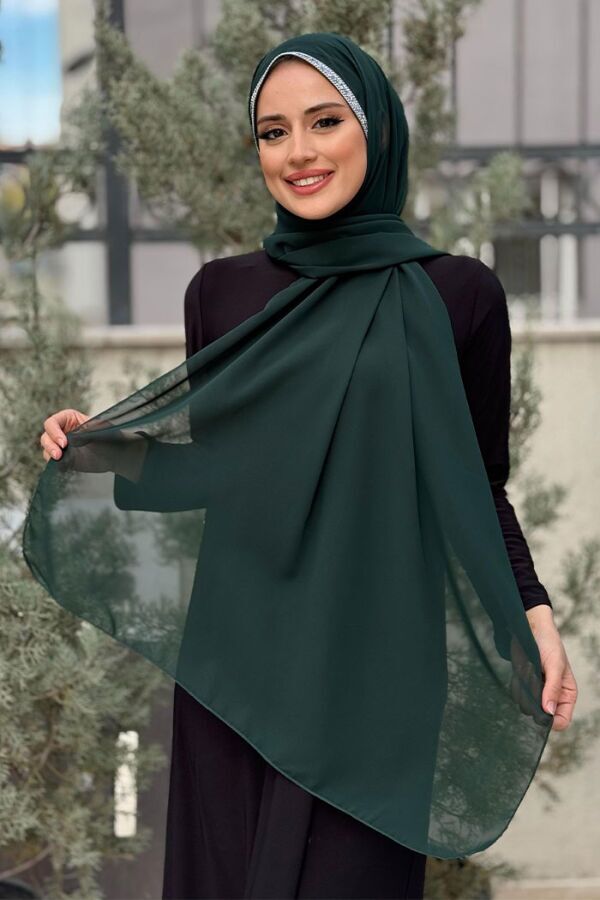 Taş Detaylı Şifon Şal 2026 Zümrüt - 1