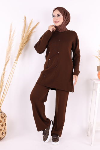 Taş Detaylı Tunik ve Pantolon İkili Triko Takım 2-1545 Kahverengi 