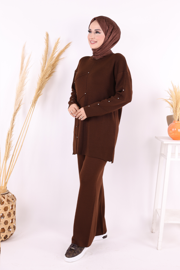Taş Detaylı Tunik ve Pantolon İkili Triko Takım 2-1545 Kahverengi - 2