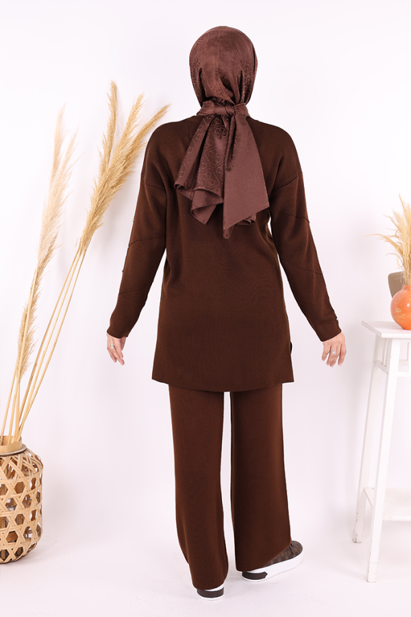 Taş Detaylı Tunik ve Pantolon İkili Triko Takım 2-1545 Kahverengi - 3
