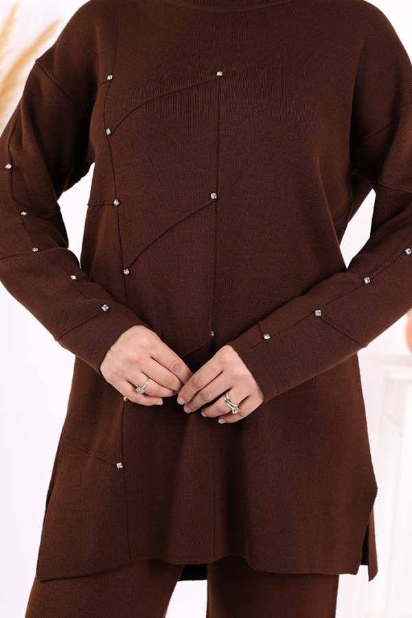 Taş Detaylı Tunik ve Pantolon İkili Triko Takım 2-1545 Kahverengi - 5