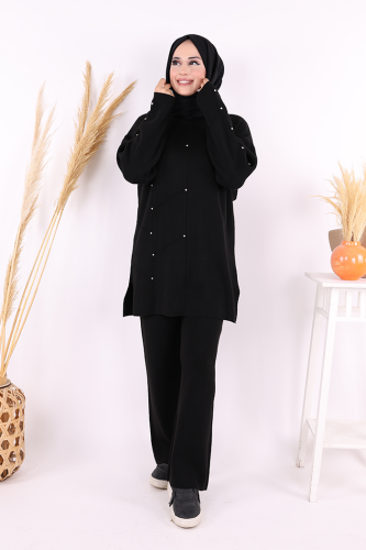 Taş Detaylı Tunik ve Pantolon İkili Triko Takım 2-1545 Siyah 