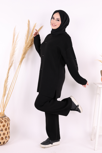 Taş Detaylı Tunik ve Pantolon İkili Triko Takım 2-1545 Siyah - 2