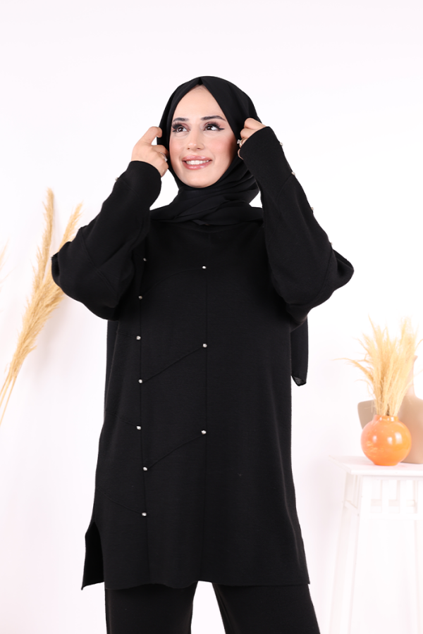 Taş Detaylı Tunik ve Pantolon İkili Triko Takım 2-1545 Siyah - 4