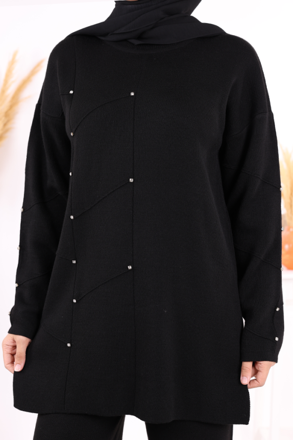 Taş Detaylı Tunik ve Pantolon İkili Triko Takım 2-1545 Siyah - 5