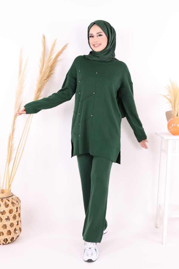 Taş Detaylı Tunik ve Pantolon İkili Triko Takım 2-1545 Zümrüt - 1