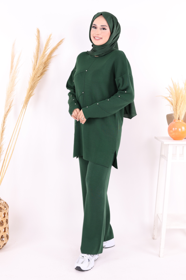 Taş Detaylı Tunik ve Pantolon İkili Triko Takım 2-1545 Zümrüt - 2