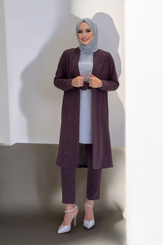 Taş Detaylı Uzun Ceket Pantolon İkili Takım 8683 Bordo 