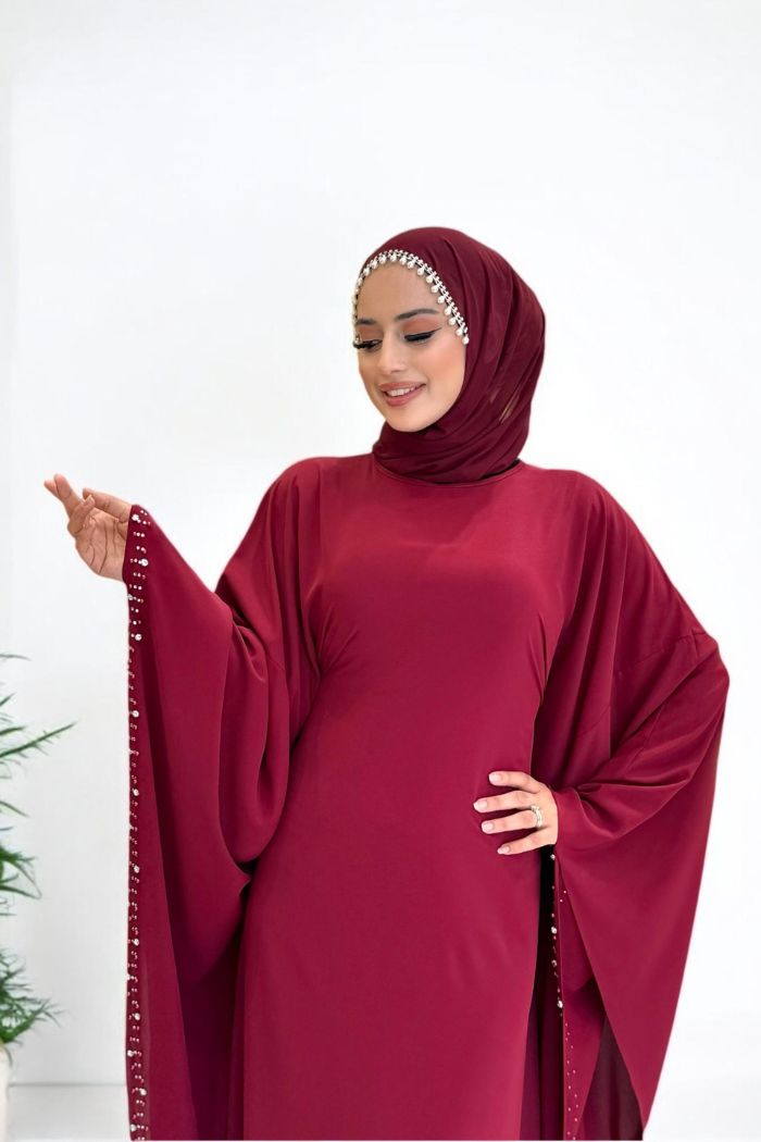 Taş Detaylı Yarasakol Gizli İp Kuşaklı Elbise 3969 Bordo - 4