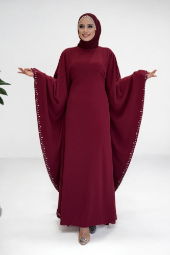 Taş Detaylı Yarasakol Gizli İp Kuşaklı Elbise 3969 Bordo - Bym Fashion