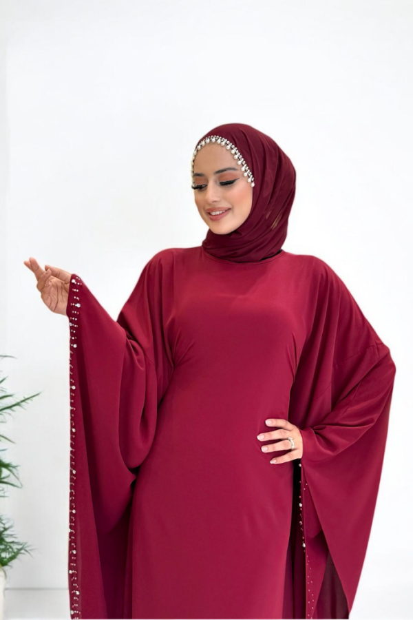 Taş Detaylı Yarasakol Gizli İp Kuşaklı Elbise 3969 Bordo - 4