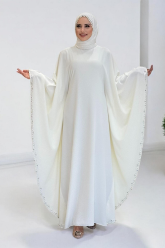 Taş Detaylı Yarasakol Gizli İp Kuşaklı Elbise 3969 Ekru - Bym Fashion