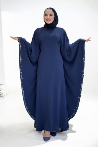 Taş Detaylı Yarasakol Gizli İp Kuşaklı Elbise 3969 Lacivert - Bym Fashion