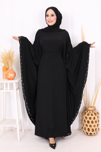 Taş Detaylı Yarasakol Gizli İp Kuşaklı Elbise 3969 Siyah - Bym Fashion