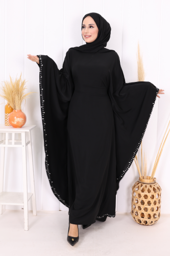 Taş Detaylı Yarasakol Gizli İp Kuşaklı Elbise 3969 Siyah - 2