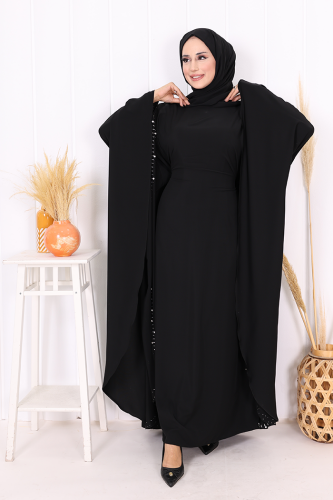 Taş Detaylı Yarasakol Gizli İp Kuşaklı Elbise 3969 Siyah - 3