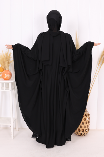 Taş Detaylı Yarasakol Gizli İp Kuşaklı Elbise 3969 Siyah - 4