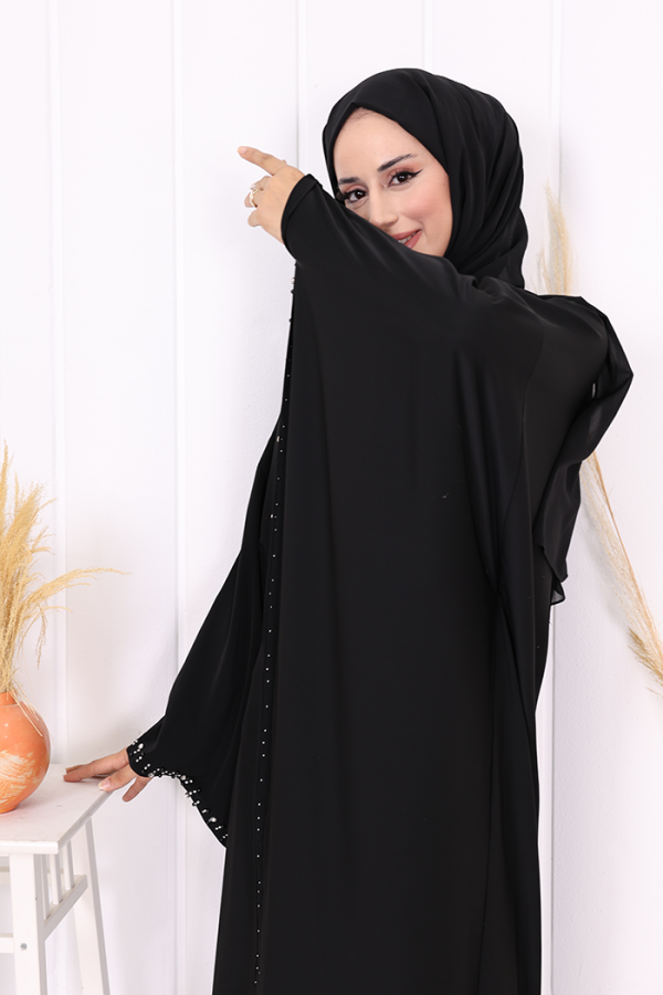 Taş Detaylı Yarasakol Gizli İp Kuşaklı Elbise 3969 Siyah - 5