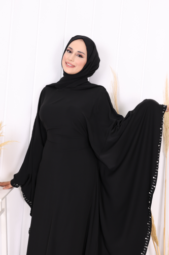 Taş Detaylı Yarasakol Gizli İp Kuşaklı Elbise 3969 Siyah - 6