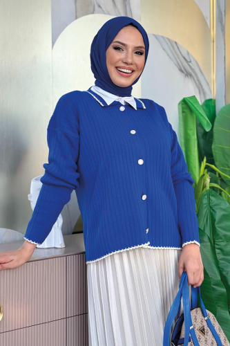 Taş Düğme Detaylı Triko Hırka 2-1570 Saks - Bym Fashion