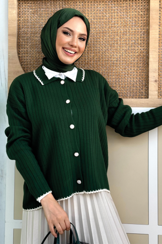 Taş Düğme Detaylı Triko Hırka 2-1570 Zümrüt - Bym Fashion