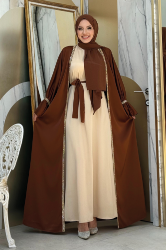 Taş İşleme Detaylı Kuşaklı Elbiseli Abaya Takım 3860 Kahverengi - Bym Fashion