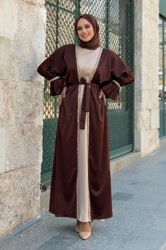 Taş İşleme Detaylı Kuşaklı Elbiseli Abaya Takım 3860 Koyu Kahve - Bym Fashion