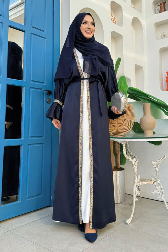 Taş İşleme Detaylı Kuşaklı Elbiseli Abaya Takım 3860 Lacivert - 2