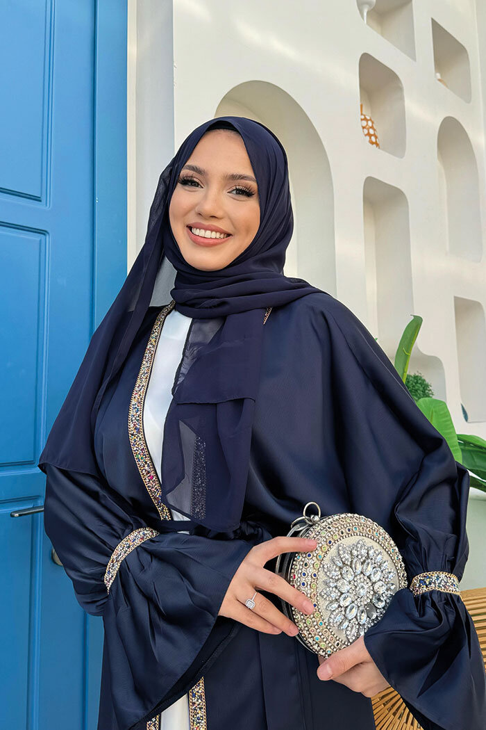 Taş İşleme Detaylı Kuşaklı Elbiseli Abaya Takım 3860 Lacivert - 6