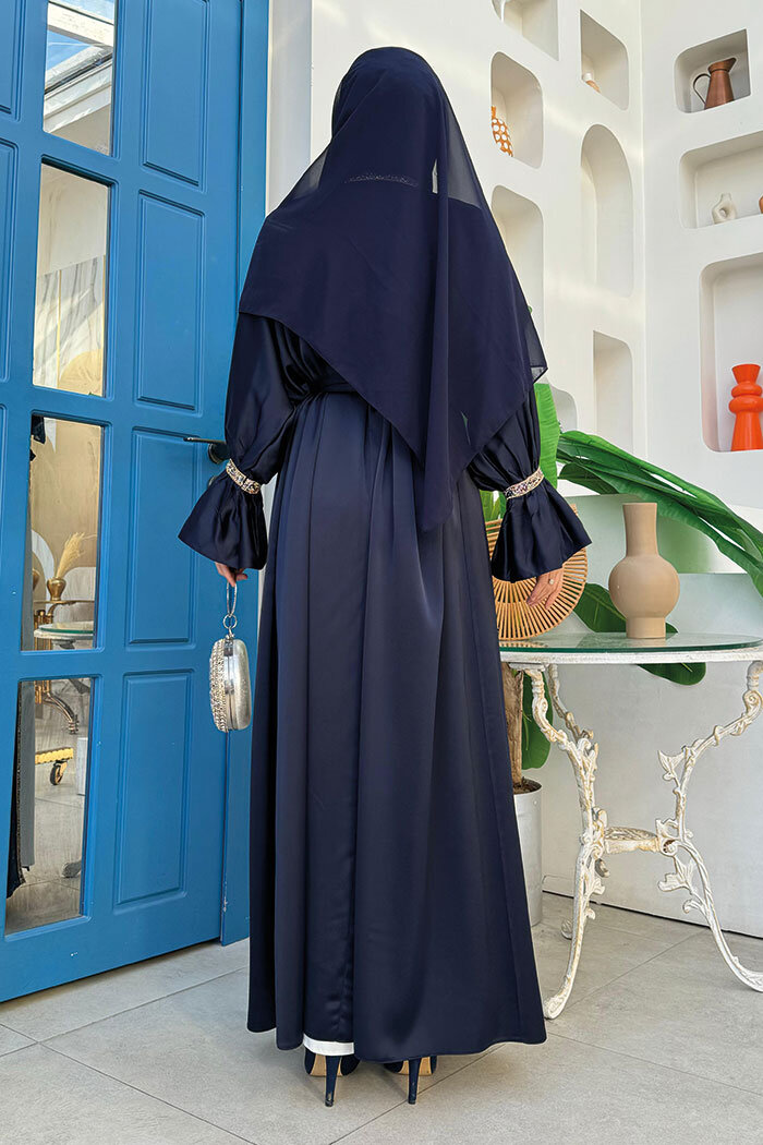 Taş İşleme Detaylı Kuşaklı Elbiseli Abaya Takım 3860 Lacivert - 4