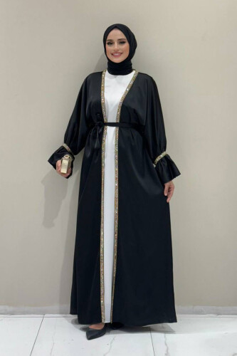 Taş İşleme Detaylı Kuşaklı Elbiseli Abaya Takım 3860 Siyah - Bym Fashion