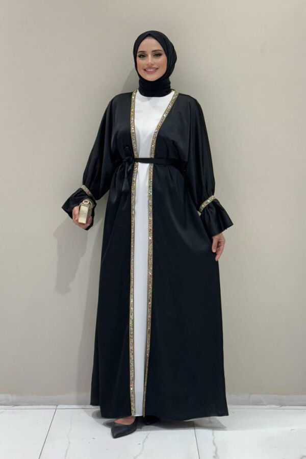 Taş İşleme Detaylı Kuşaklı Elbiseli Abaya Takım 3860 Siyah - 1
