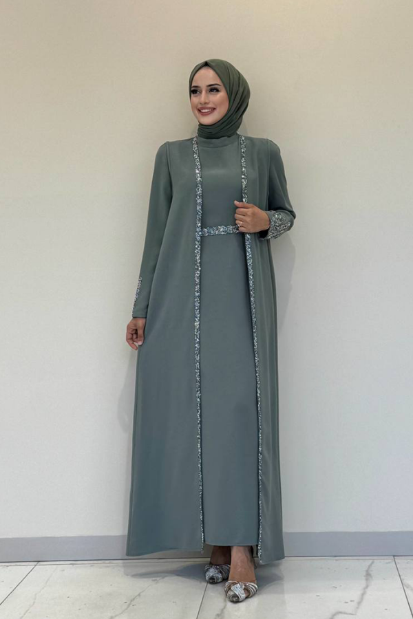 Taş İşleme Detaylı Yelekli Elbise Takım 3838 Mint - 1
