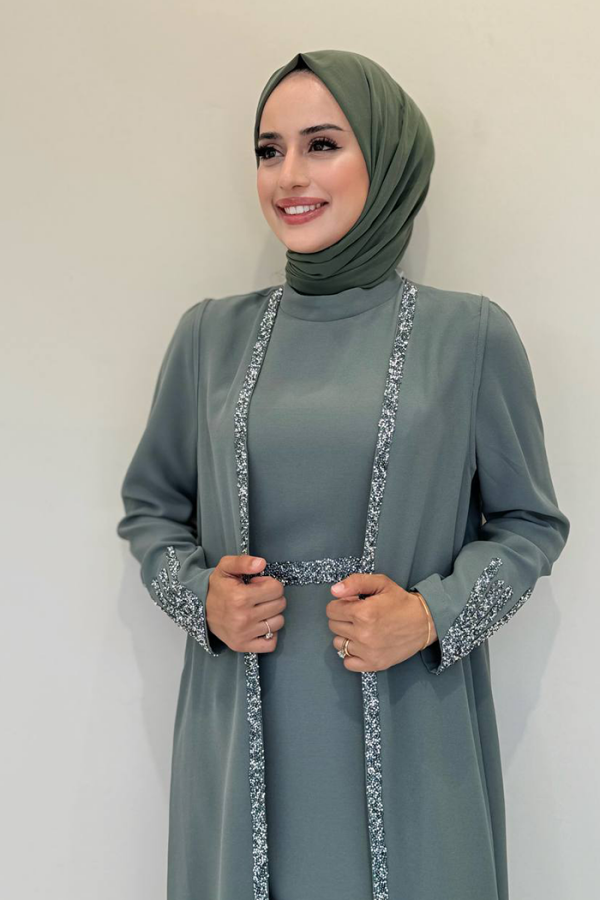 Taş İşleme Detaylı Yelekli Elbise Takım 3838 Mint - 4