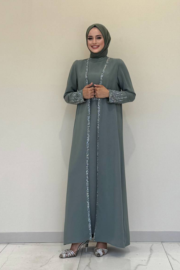 Taş İşleme Detaylı Yelekli Elbise Takım 3838 Mint - 3