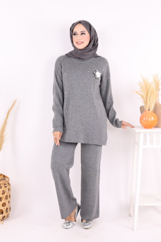 Taş ve Çiçek Detaylı Triko Takım 1655 Antrasit - Bym Fashion