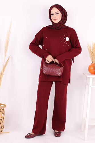 Taş ve Çiçek Detaylı Triko Takım 1655 Bordo - Bym Fashion